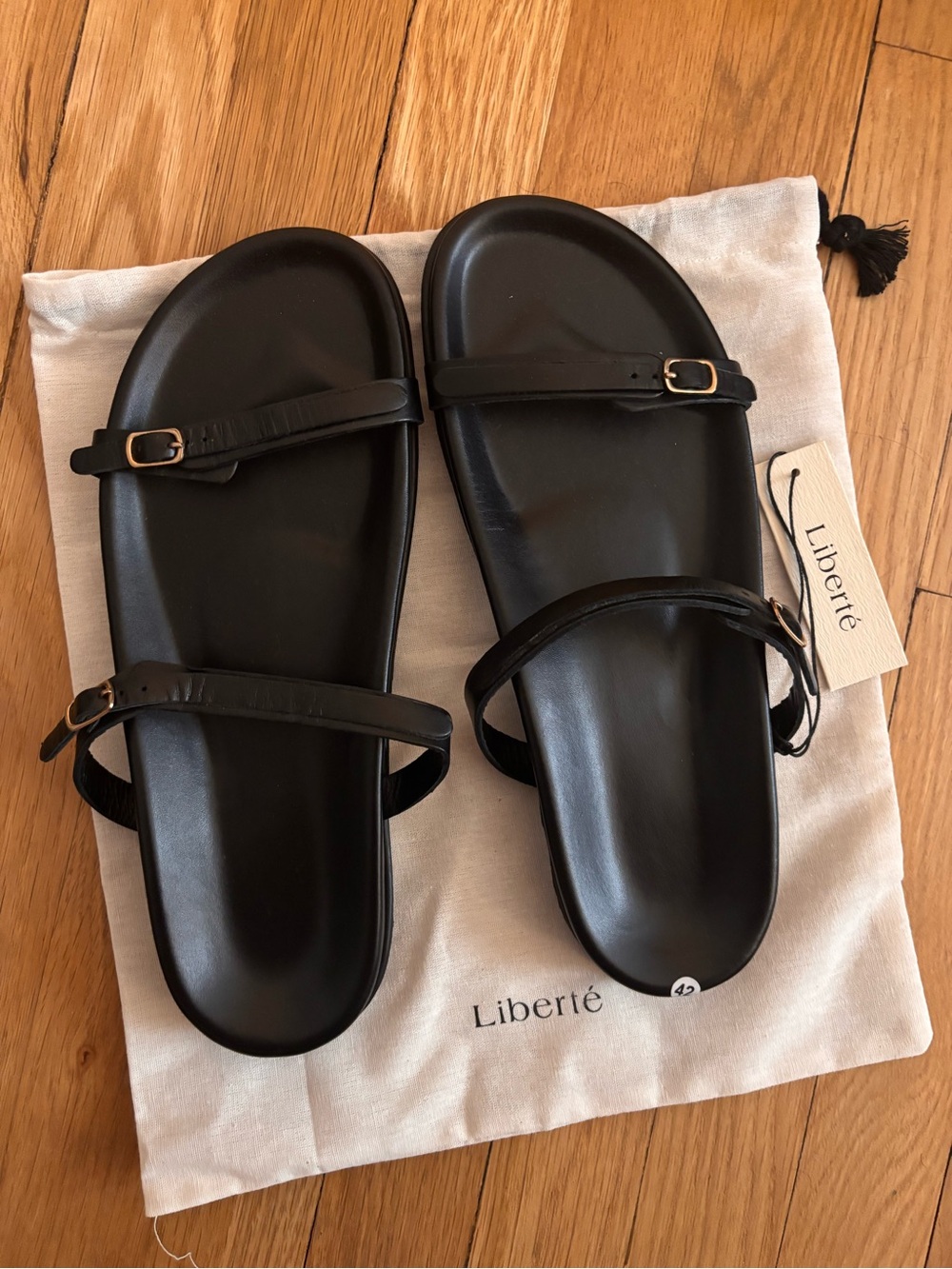 Liberte Black Leather Buckle Slide Sandals